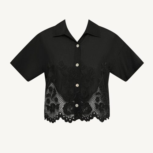 6139655 BroderieOrganicCotton FloraCroppedShirt BLK LL