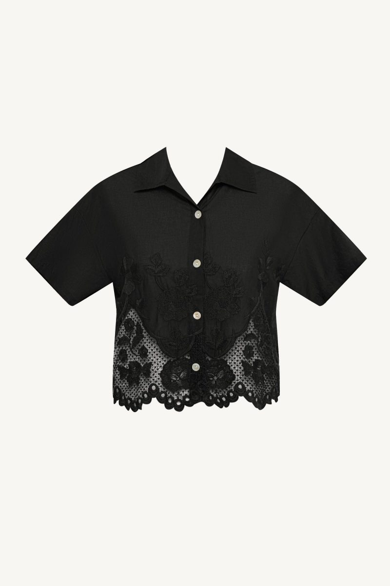 6139655 BroderieOrganicCotton FloraCroppedShirt BLK LL