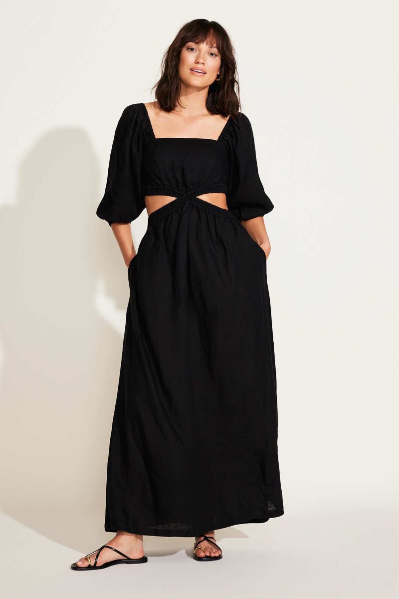 6230605 BlackEcoLinen CierraCutOutDress BLK F